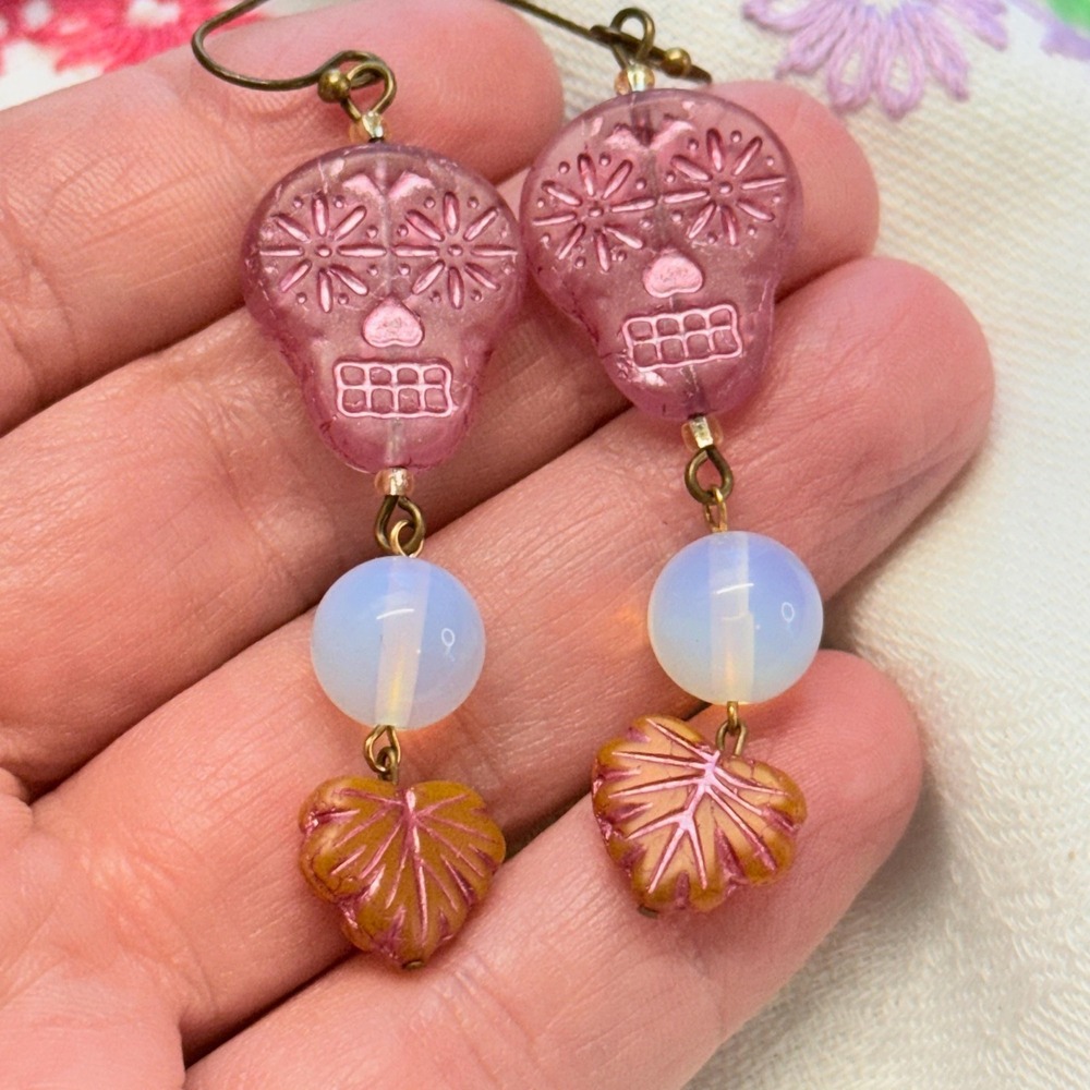 Czech Pink Sugar Skull Glass Bead Opalite Dangle Hook Earrings Hand Crafted - Picture 2 of 5
